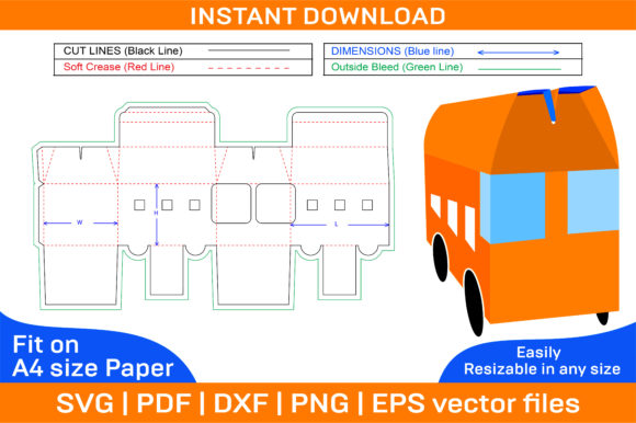 Bus Packaging Box Dieline Template for Graphics and Print Templates