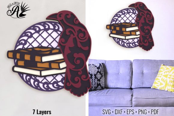 Raven and Books Layered Art: A Premium Laser Cutting Design for Autumn Amp Campaigns